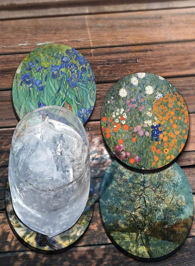 CARIBOU Coasters قواعد أكواب كاريبو - زهور السوسن، التوت، شجرة الخوخ الوردية لفان جوخ، تصميم حديقة زهور لغوستاف كليمت، قواعد أكواب دائرية ماصة من قماش اللباد والنيوبرين للمشروبات، مجموعة من 4 قطع - Image 4